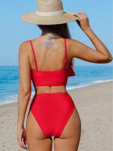 Conjunto de Bikini Rojo con Volantes para Mujer, Traje de Baño de Dos Piezas de Color Sólido, Top Corto con Braguita Hipster, Spandex, Poliéster Elástico - Product Image 3