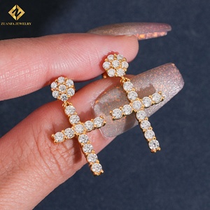 Pass Diamond Tester Hip Hop 18k Gold Plated Iced Out Cross <b>Dangle</b> 925 <b>Sterling</b> <b>Silver</b> Drop <b>Earrings</b> - Product Image 1