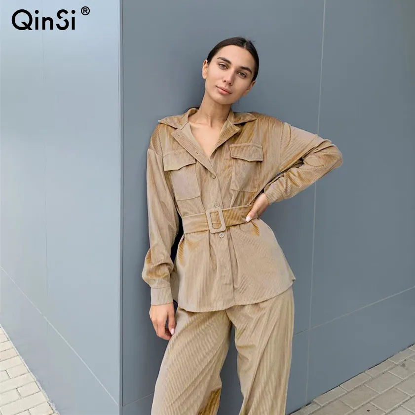 Qinsi cardigans + calças femininas, conjunto de blusão + colete para mulheres, macacão de moda em 2 peças