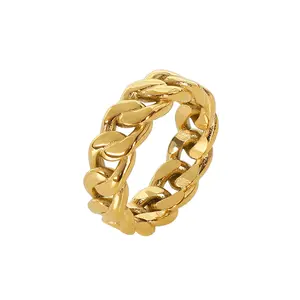 Women's 18K Gold Plated Stainless Steel Cuban Link Chain Rings for Women