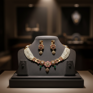 Parure de mariée de créateur, finition dorée, collier ras-du-cou floral avec pierres roses, couches de perles et boucles d'oreilles pendantes - Product Image 4