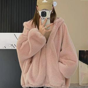 White <b>Faux</b> <b>Mink</b> <b>Fur</b> Hooded <b>Coat</b> Zipper Closure Women's Winter Outerwear Medium Thickness Regular Sleeves - Product Image 2