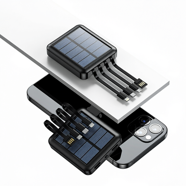 Wholesale Solar Powered Plastic Power Bank 18650 Lithium Battery Mini Convenient 4-1 Built-in Cable Type-C 10W 20000mAh