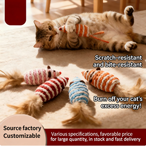 Cat Chew Toys Cute Colorful Cotton Rope Cylinder with Feather Teeth Cleaning Durable Plaything for Cats - Product Image 3