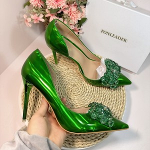 Zapatos de Mujer Azules, de Charol Verde, con Punta Puntiaguda, Adorno de Lazo con Pedrería, Tacones Altos Rojos - Product Image 6