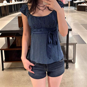 Camiseta de manga corta con estampado de lunares para mujer, top de punto con corte en A, informal, de verano, a la moda. - Product Image 4