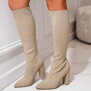 Calcetines de tela elástica de punto para otoño e invierno, botas hasta la rodilla para mujer, zapatos de tacón cuadrado con punta roja a la moda, Botas Largas - Product Image 3