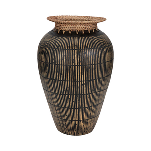 Vaso in ceramica con collo in rattan intrecciato, grande vaso decorativo per soggiorno, camera da letto, ufficio, centrotavola - Product Image 3