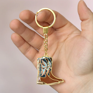 Earth Tone Western Cowboy Boot Hard Enamel Keychain Charm Retro Gold Metal Key Ring Pendant Suitable for Backpack Wallets