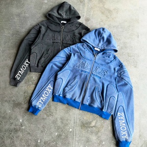 ผู้ผลิตเสื้อฮู้ดดี้ผ้าเฟรนช์เทอร์รี่แบบซิป ทรงโอเวอร์ไซส์ หนานุ่ม สไตล์วินเทจ ลุคทำเก่า พร้อมปักโลโก้ตามสั่ง - Product Image 1