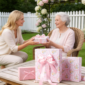 Papel de regalo reciclable con lazo rosa claro y pequeñas flores para decoración de cajas de regalo en fiestas de cumpleaños y despedidas de soltera. - Product Image 2