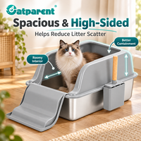 Litière pour chat en acier inoxydable 2-en-1 ouverte et semi-fermée avec échelle et pelle, facile à nettoyer, grande capacité 20L, vente en gros