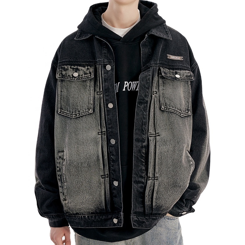 Power Punch Custom Men Vintage Black Stonewashed Coat Streetwear Denim Jacket Unisex
