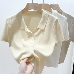 Top Corto Estivo Vintage da Donna a Maniche Corte, Maglia a Collo Alto con Bottoni, Sottile e Traspirante - Product Image 1