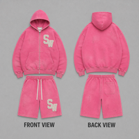 Nouveautés : Ensemble de survêtement personnalisé épais avec lettres en chenille, sweat à capuche zippé et short pour homme, rose délavé style vintage