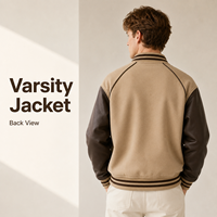 Blouson universitaire personnalisé avec badge en relief, manches en cuir contrastant, bordure rayée, coupe oversize épaisse, kaki, style minimaliste