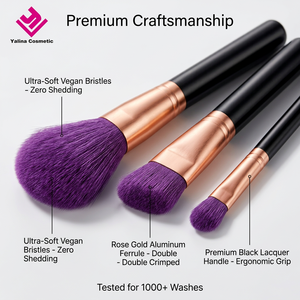 Set de Brochas de <span class=keywords><strong>Maquillaje</strong></span> de Lujo, 15 Piezas, Cerdas Moradas, Mango Negro, Oro Rosa, Logotipo Personalizado, Suaves, Veganas, para Base, Polvo y Ojos, OEM - Product Image 3