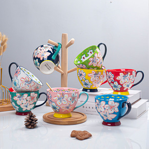Dessiné à la main Vintage Style courtois tasse à eau en céramique fleur tasse ménage résistant aux hautes températures sous glaçure couleur tasse créative - Product Image 1
