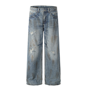 Nova Versão Vintage Retro Estilo Americano-Estilo Sucata de Rua Rasgado Straight-Leg <span class=keywords><strong>Jeans</strong></span> Meados All-Match Wide-Leg <span class=keywords><strong>Denim</strong></span> Calças para