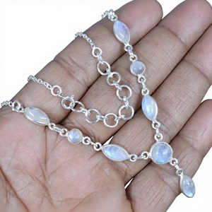 925 Silver <b>Rainbow</b> Moonstone Lariat Necklace Water <b>Drop</b> Bezel Setting Minimalist Link Chain Unisex Everyday Wear Jewelry - Product Image 1