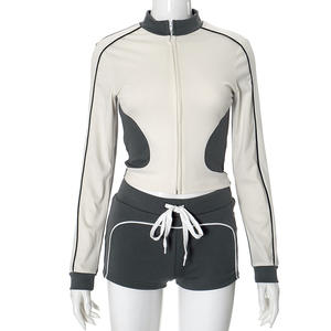 Nuovi Shorts due pezzi Set colletto da Fitness Slim Top Shorts tuta Color Block da donna 2 pezzi Set tuta da ginnastica - Product Image 6