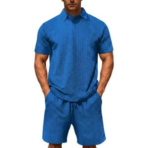 <b>Men</b> Black Knitted Polo Shirt and <b>Shorts</b> Set Geometric <b>Pattern</b> Casual Summer Outfit Breathable Two Piece Clothing - Product Image 2