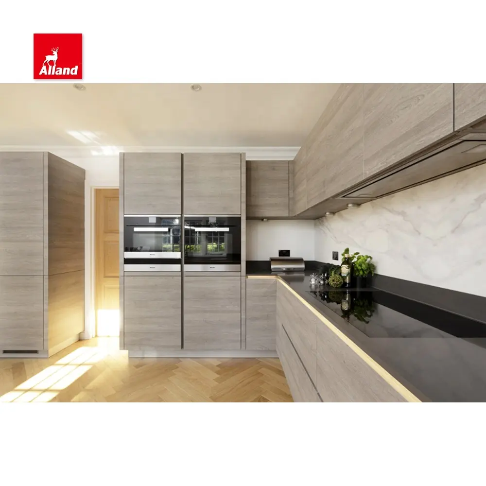 AllandCabinet Wood Grain Kitchen Cabinet Handleless Modern Design Slab Door Kitchen Cabinet with Factory Price for Custom Homes