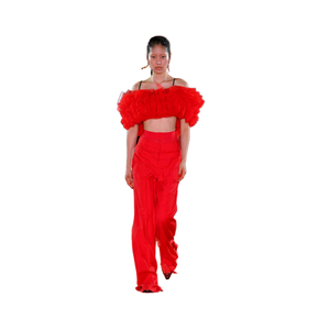 A10924 Set da passerella in due pezzi: Top corto in <span class=keywords><strong>Tulle</strong></span> arruffato con spalle scoperte e pantaloni larghi a vita alta-Outfit moda d'avanguardia - Product Image 4