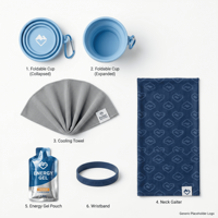 Kit d'Équipement Personnalisé pour Événements : Station d'Assistance avec Gobelet Pliable, Serviette Rafraîchissante, Cache-cou, Pochette Énergétique et Bracelet