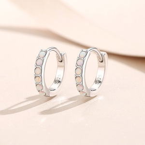 S925 Sterling Silver White <b>Opal</b> Inlaid Huggie Hoop <b>Earrings</b> Shiny Minimalist Trendy Daily Wedding Party Fine Jewelry For Women - Product Image 3