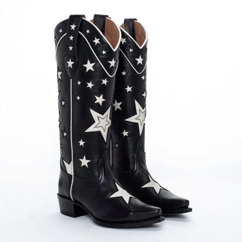 Wholesale Women Cowboys Boots Square Toe Custom Pattern 5cm Block Heel stars Women Western knee high leather Boots for ladies