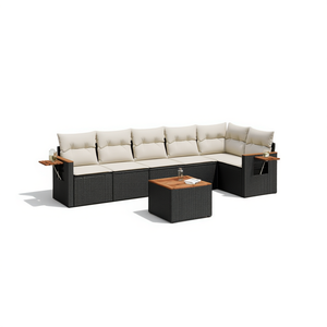 Cream White And Black Garden <b>Sofa</b> Set With Side Tables 6 Seater Outdoor Furniture <b>Rattan</b> Wicker Contemporary Design - Product Image 1