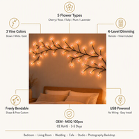 Guirnalda de Luces LED con Ramas de Flor de Cerezo Blanco Cálido, Control Remoto USB, Flexible, Decoración de Pared para Dormitorio, Sala de Estar, Venta al Por Mayor, OEM
