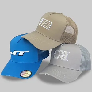 Pemasok Merek Kustom Penuh 5 Panel Mesh Yelir Topi Trucker Antik, Desain Fashion Polos Kosong Pria Topi Trucker Tertekan