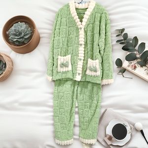 <span class=keywords><strong>Pigiama</strong></span> da <span class=keywords><strong>Donna</strong></span> Invernale, Completo Caldo 2 Pezzi in Morbido Pile Corallo con Cardigan Jacquard e Fiocco, Abbigliamento da Casa con Spesso <span class=keywords><strong>Velluto</strong></span> - Product Image 3