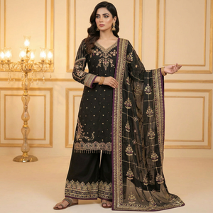Salwar Kameez en soie noire pour femme, broderie dorée, tenue traditionnelle indienne et pakistanaise pour mariage et fête, longueur ras du sol, coupe classique, livraison rapide - Product Image 1