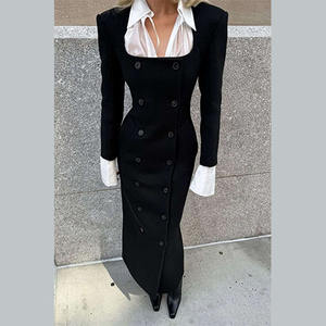 <span class=keywords><strong>Abito</strong></span> lungo <span class=keywords><strong>nero</strong></span> moderno a contrasto con colletto a camicia e design doppiopetto, ideale per l'ufficio, il pendolarismo e feste cocktail - Product Image 1