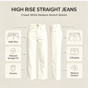 Jeans a Vita Alta e Gamba Larga per <span class=keywords><strong>Donna</strong></span>, Bianco Crema, <span class=keywords><strong>Pantaloni</strong></span> in Denim Elasticizzato Cropped e Baggy, Produzione all'Ingrosso - Product Image 5