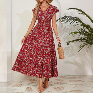 Robe longue d'été pour femme à imprimé floral, col <span class=keywords><strong>en</strong></span> V, manches courtes à volants, taille haute, coupe trapèze fluide, décontractée, pour la plage et les vacances - Product Image 3