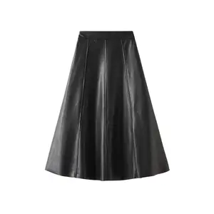 Stock autumn winter Vintage faux pu leather mid length high waisted A-Line skirt for women