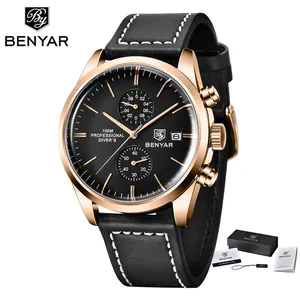 BENYAR Men Watch Chronograph Waterproof Sport Genuine Leather Male Wristwatch Top Brand Luxury Gold Fashion Man Clock Gift 5187