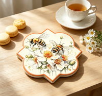 Sous-plat en céramique personnalisé avec imprimé abeille et fleur aquarelle, dessous de plat vintage floral irrégulier en forme de feuille de trèfle résistant à la chaleur pour cuisine