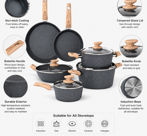 Juego de utensilios de cocina de aluminio antiadherente de granito gris de 7 piezas, sartén, cacerola y olla con asas efecto madera y tapas de vidrio - Product Image 6