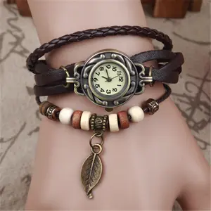 Women Girl Vintage Watches Bracelet Wristwatches leaf Pendant Leather Bracelet Lady Womans Wrist Watch Gift Women Watch