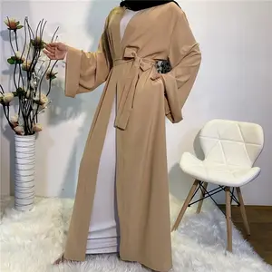 Hot Verkopende Nieuwe Effen Losse Touw Riem Vest Jurk Moslim Dubai Vrouwen Lange Mouw Gewaad Open Kleding Jurk Kaftan Abaya
