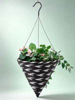 Panier suspendu conique bicolore noir et blanc, style américain, tissé à la main, avec doublure en ciment imperméable et crochet métallique pour la maison