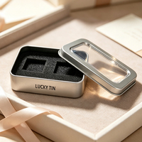Kotak penyimpanan kaleng timah kustom pabrik, bentuk persegi panjang kecil, untuk kemasan USB flash drive, dengan tutup jendela PE transparan dan pencetakan UV.