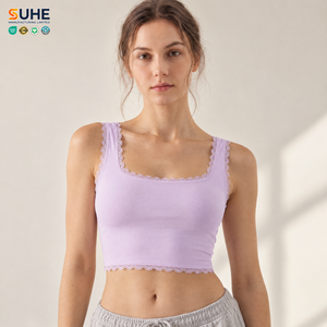 SUHE Women's Lace Trim Square Neck Crop <b>Tank</b> <b>Top</b> Solid Color Breathable Spandex Cotton Yoga <b>Top</b> - Product Image 3