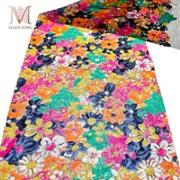 Tissu en dentelle de tulle polyester brodé de sequins floraux en chenille, style peinture à l'huile vintage, pour robe longue de soirée pour femme