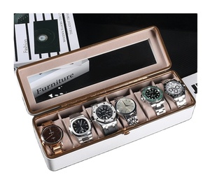 Hộp đựng đồng hồ bằng da PU, viền kim loại 4 màu, 6 ngăn, bên trong lót nhung đẹp, có nắp kính - Product Image 3